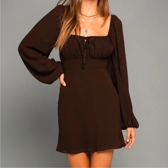 Aritzia Sunday Best Delilah Long Sleeve Brown Peasant Dress Large - Picture 1 of 3